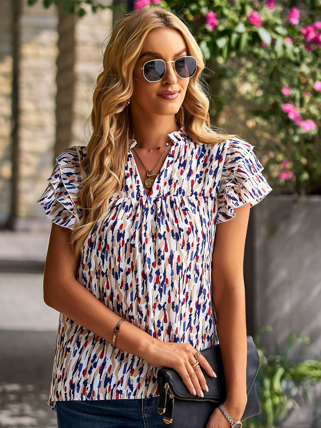 

BoStreet Beige Abstract Printed Mandarin Collar Top