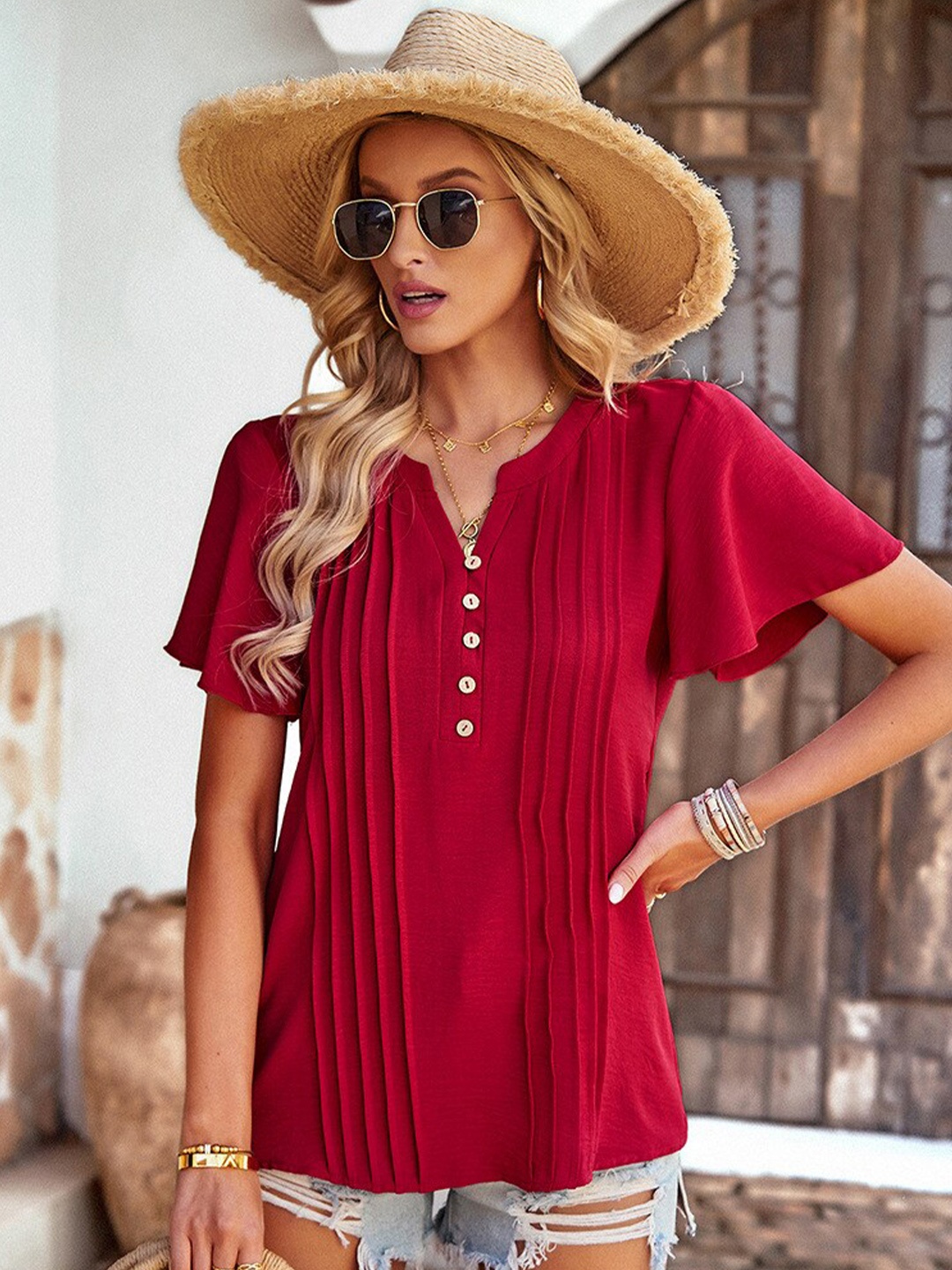 

BoStreet Red Round Neck Flutter Sleeves Top