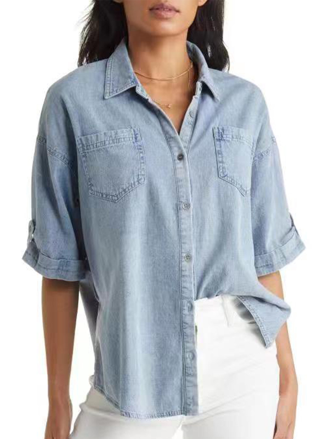 

BoStreet Blue Extended Sleeves Cotton Shirt Style Top