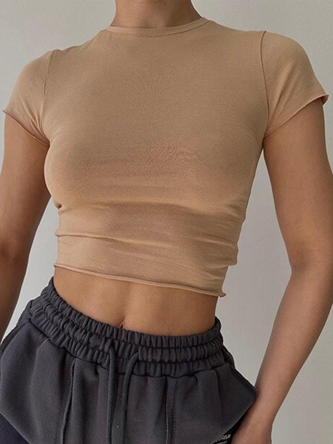 

BoStreet Beige High Neck Fitted Crop Top