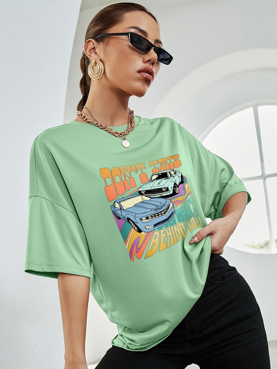 

BoStreet Green Print Extended Sleeves Top