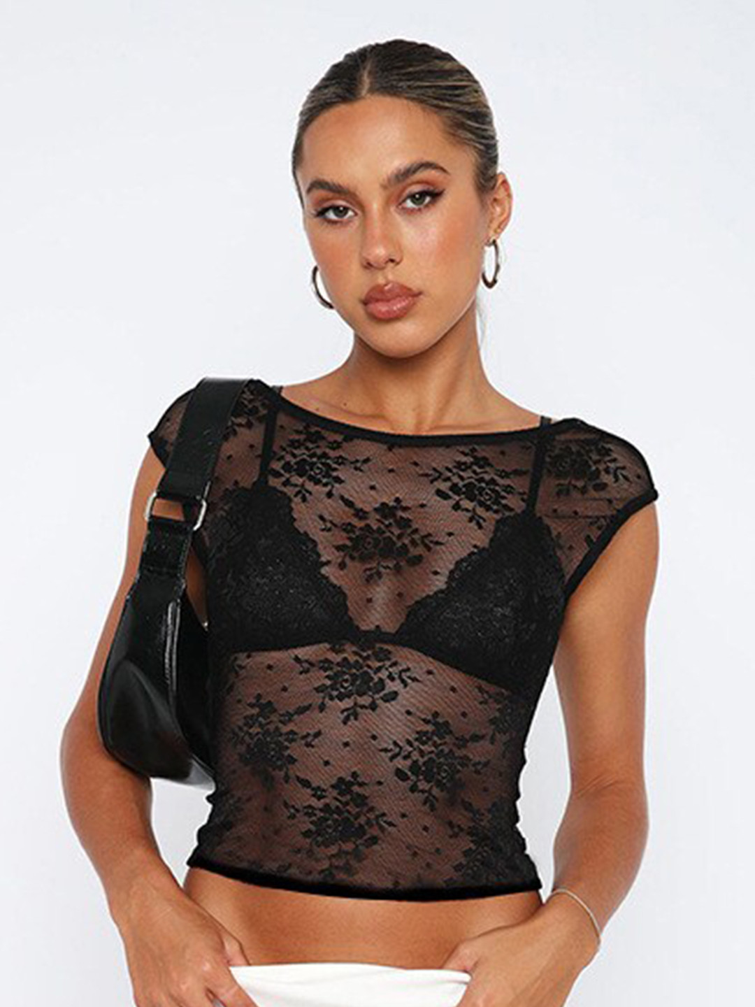 

StyleCast Black Self Design Boat Neck Sheer Crop Top