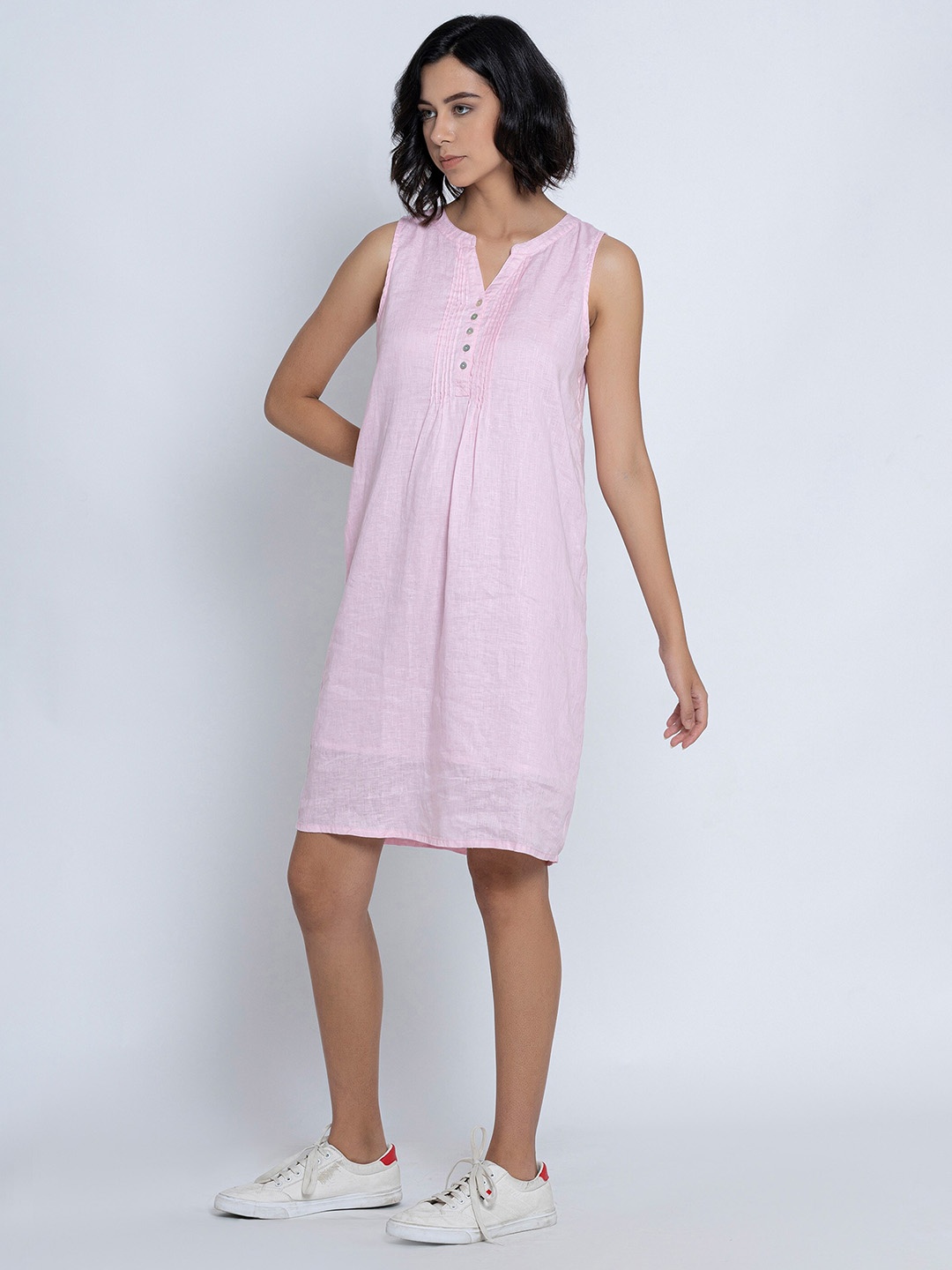 

B.Copenhagen Band Collar Linen Knee-Length A-Line Dress, Pink