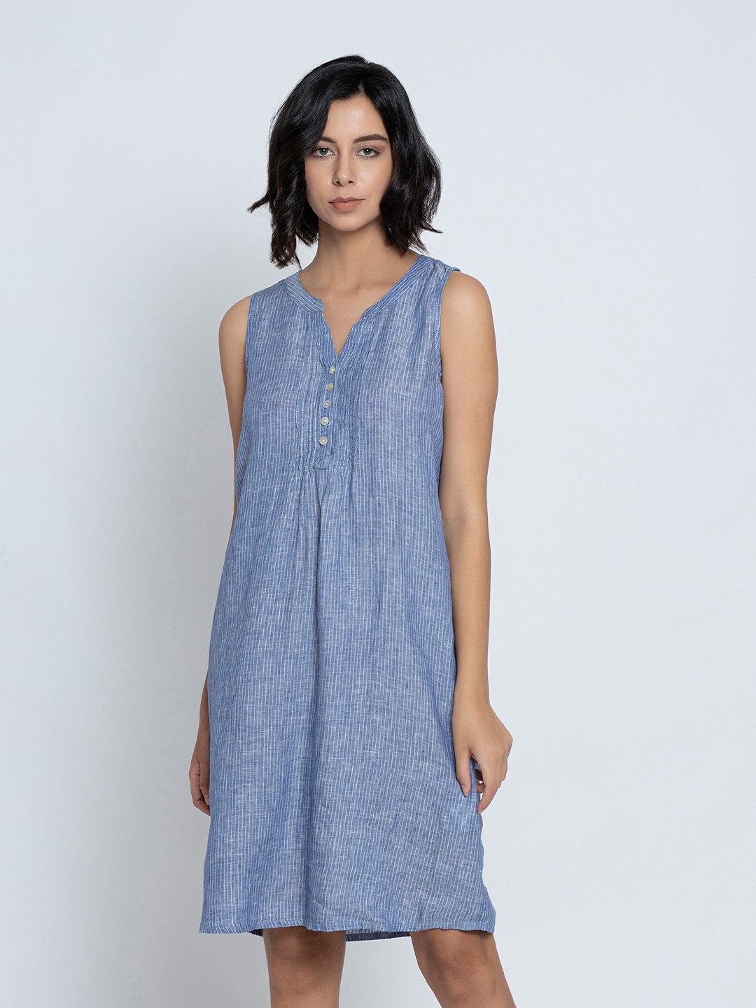

B.Copenhagen Band Collar Linen A-Line Dress, Blue