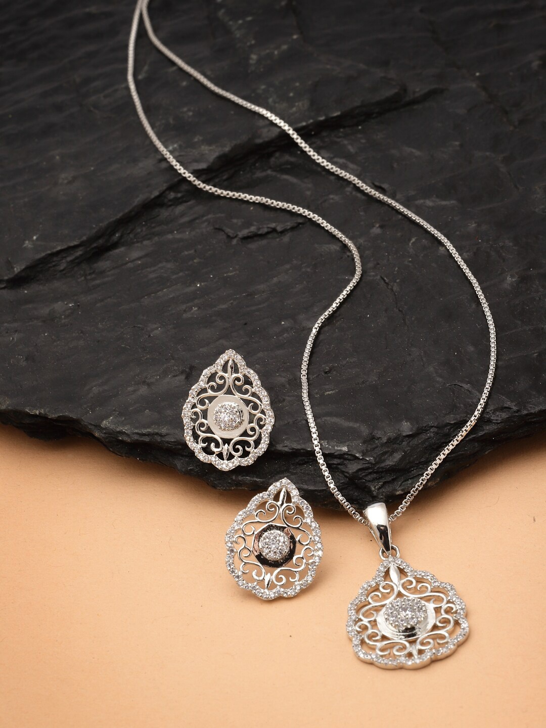 

Pissara by Sukkhi Rhodium Plated & CZ Studded Pendant & Earrings, Silver