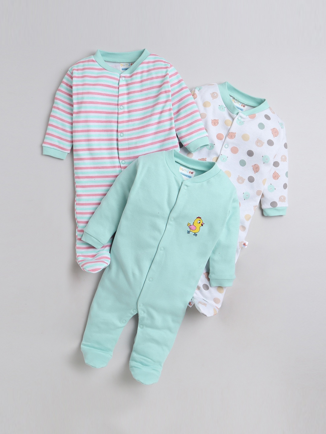 

BUMZEE Infant Girls Pack Of 3 Printed Sleepsuits, White