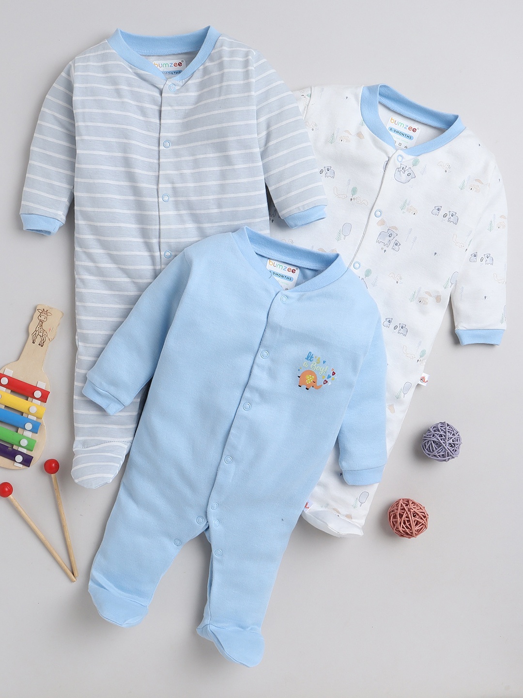 

BUMZEE Infants Pack Of 3 Printed Cotton Sleepsuits, Blue