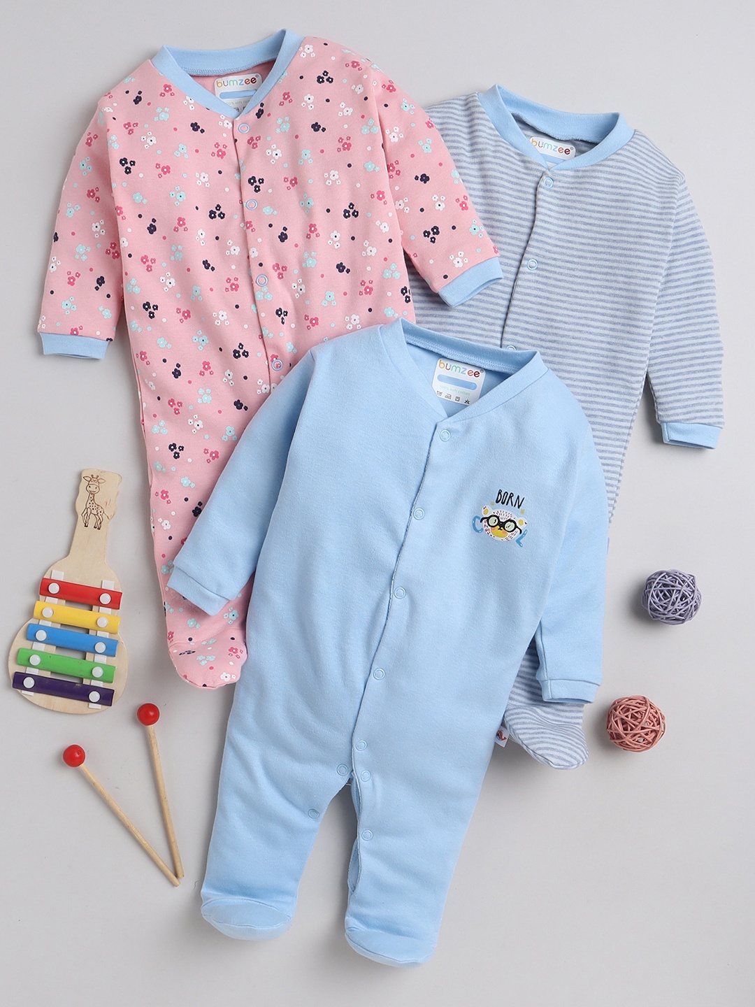 

BUMZEE Infants Pack Of 3 Printed Cotton Sleepsuits, Pink
