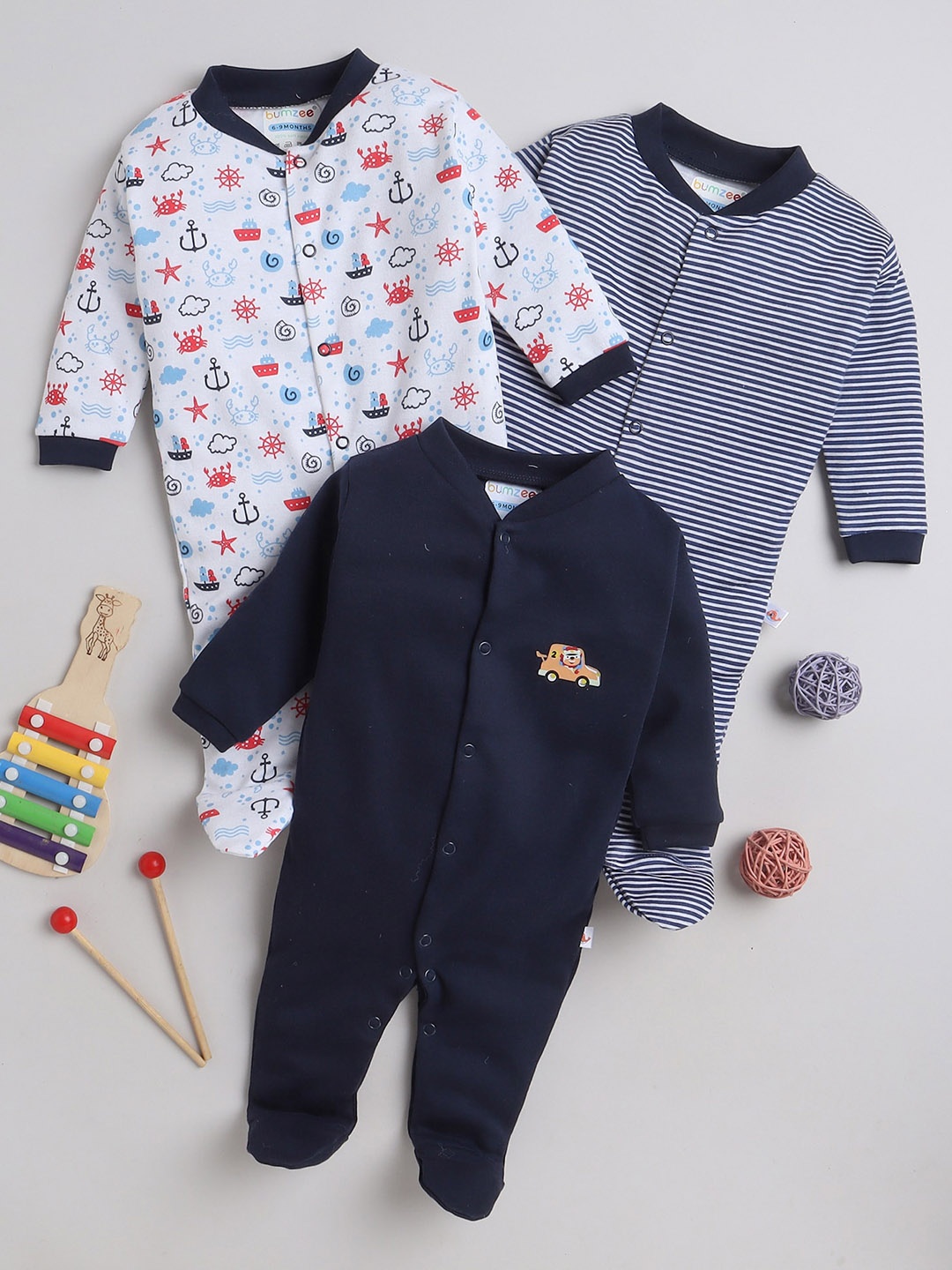 

BUMZEE Infant Boys Pack Of 3 Printed Cotton Sleepsuits, Navy blue