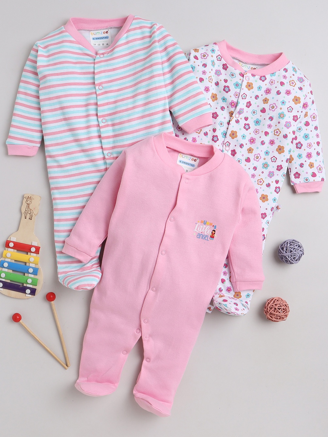

BUMZEE Infants Pack Of 3 Printed Cotton Sleepsuits, Pink