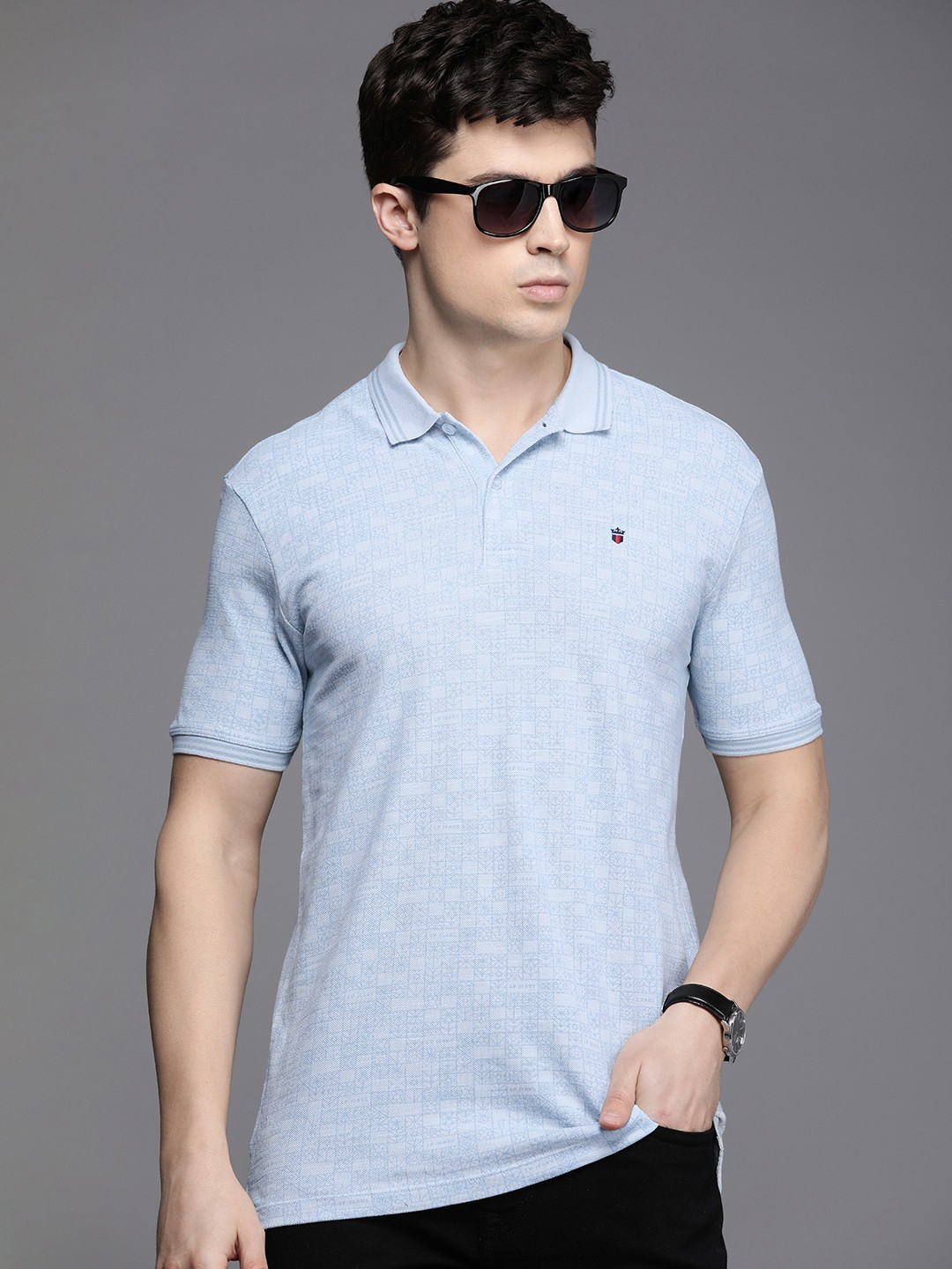

Louis Philippe Jeans Men Printed Polo Collar Slim Fit Pure Cotton T-shirt, Blue