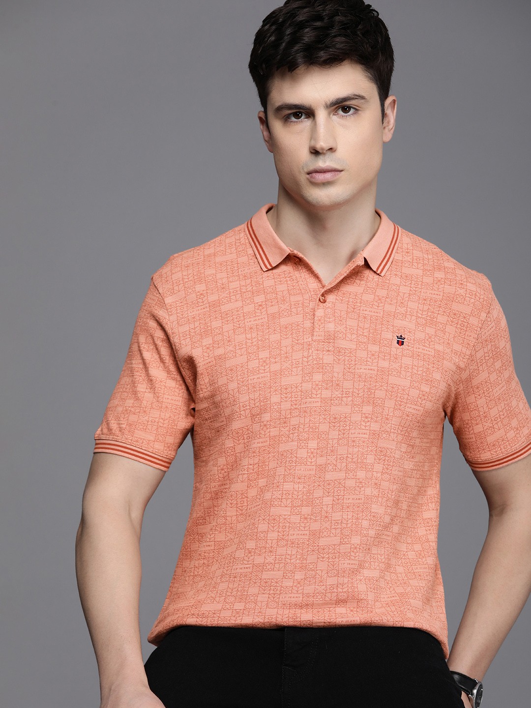 

Louis Philippe Jeans Men Printed Polo Collar Slim Fit Pure Cotton T-shirt, Peach