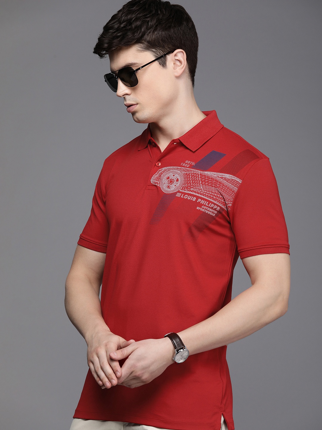 

Louis Philippe Sport Men Graphic Printed Polo Collar Slim Fit Pure Cotton T-shirt, Red