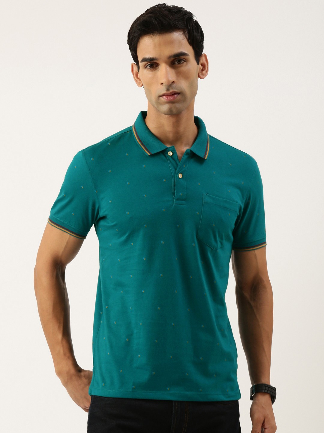 

Peter England Men Printed Polo Collar Slim Fit T-shirt, Teal