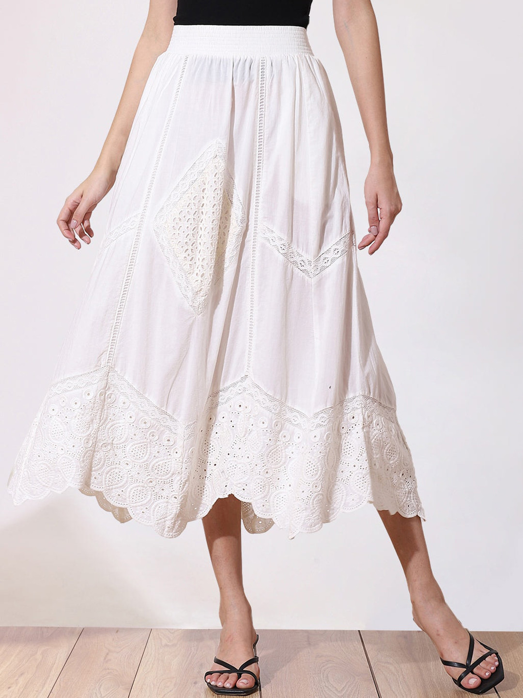 

Lakshita Self Design Schiffli Pure Cotton A-Line Midi Skirt, White