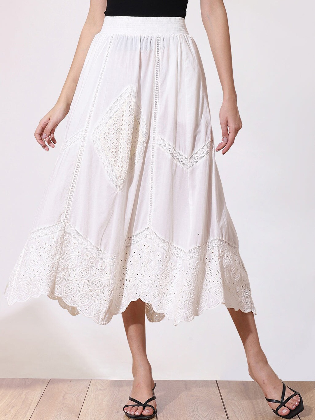 

Lakshita Self Design Schiffli Pure Cotton A-Line Midi Skirt, White