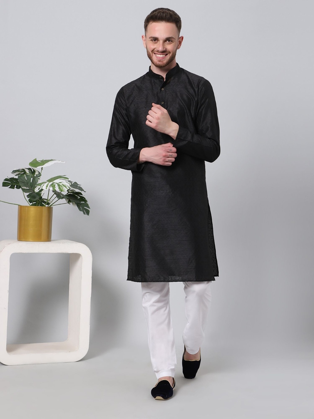 

SHIWAM ETHNIX Mandarin Collar Art Silk Kurta, Black