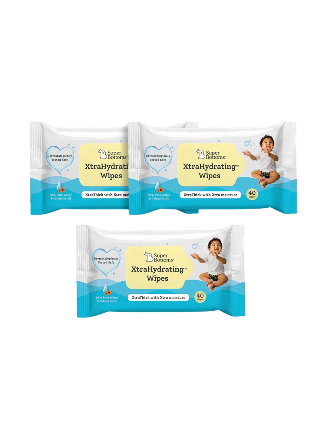 

SuperBottoms Set of 3 XtraHydrating Wipes with Pure Water & Calendula Oil - 40 Wipes Each, White
