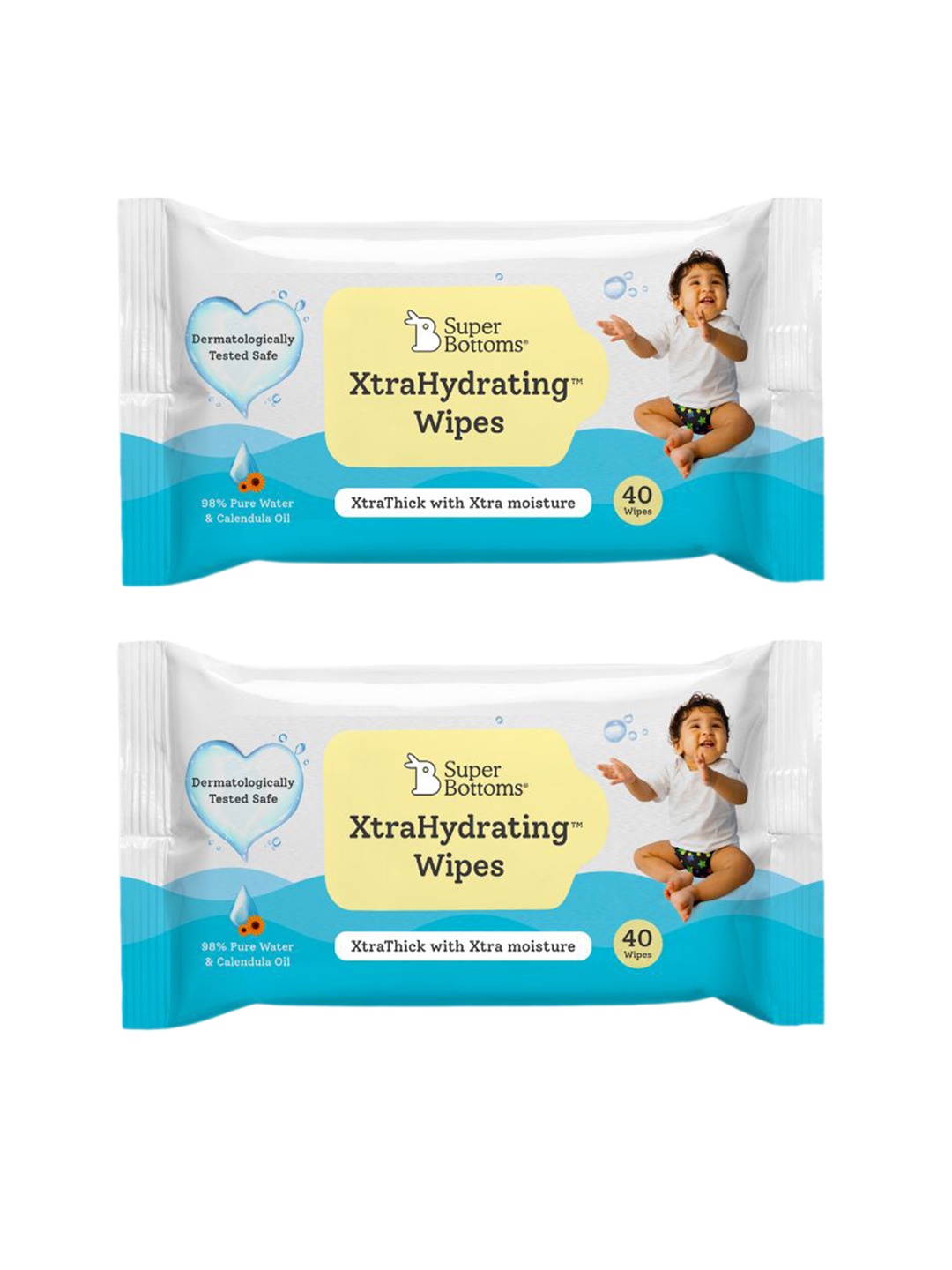 

SuperBottoms Set of 2 XtraHydrating Wipes with Pure Water & Calendula Oil - 40 Wipes Each, White