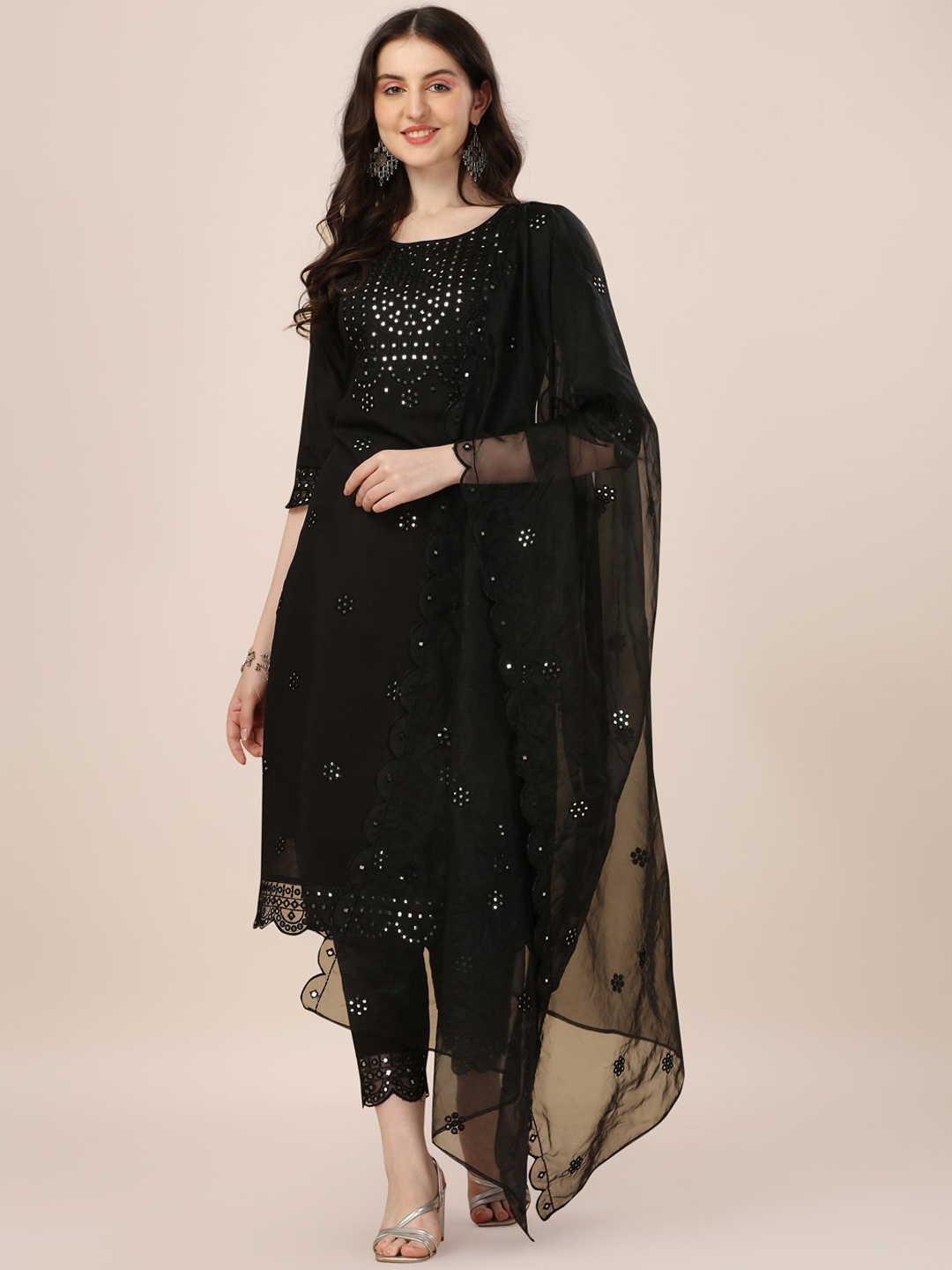 

Berrylicious Embroidered Mirror Work Chanderi Cotton Kurta With Trousers & Dupatta, Black