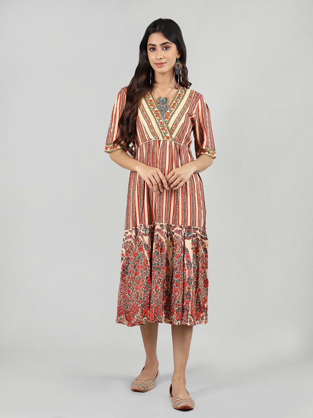 

Dlanxa Floral Print V-Neck Layered A-Line Midi Dress, Orange