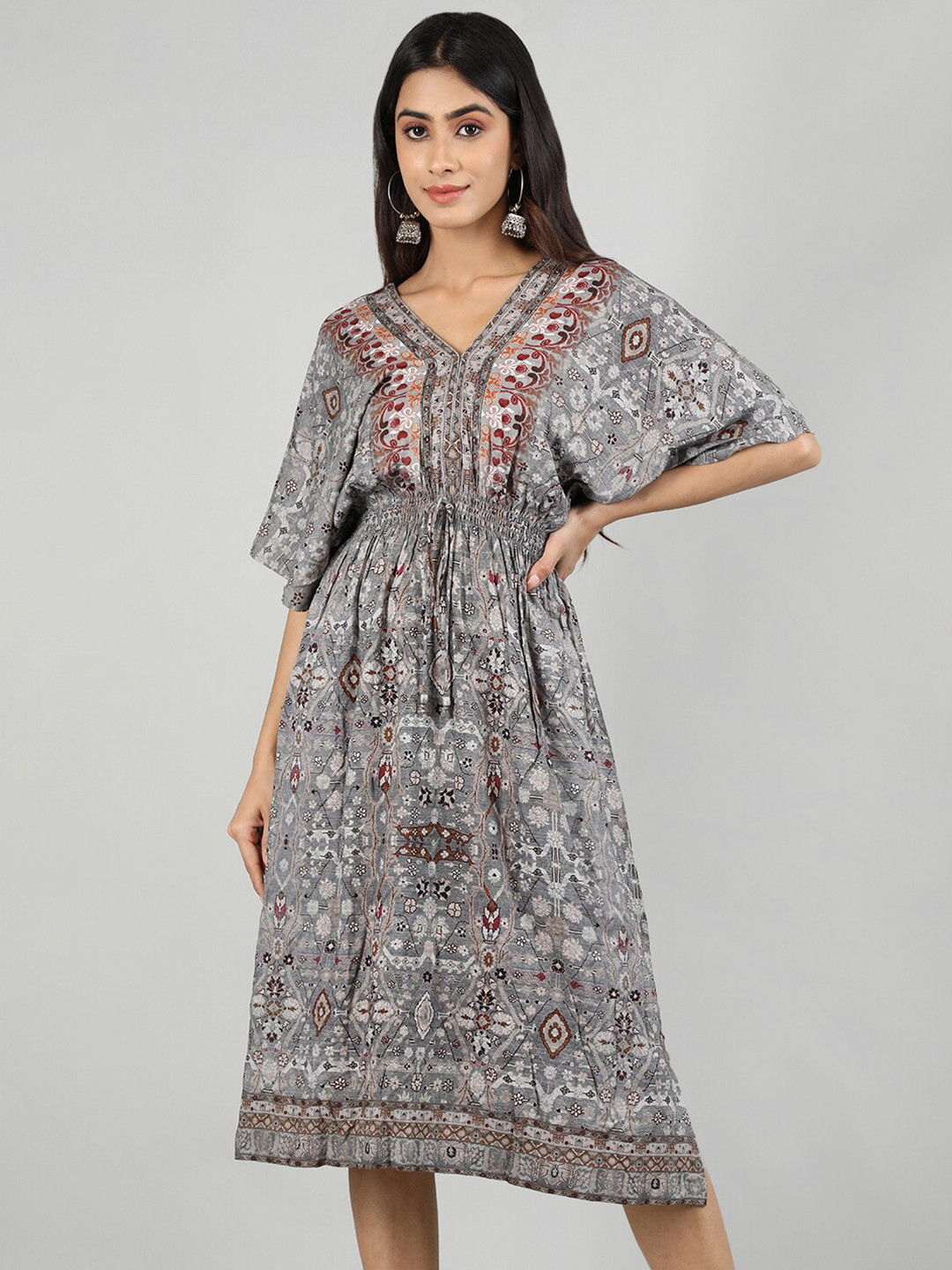 

Dlanxa Grey Floral Print Flared Sleeve A-Line Midi Dress