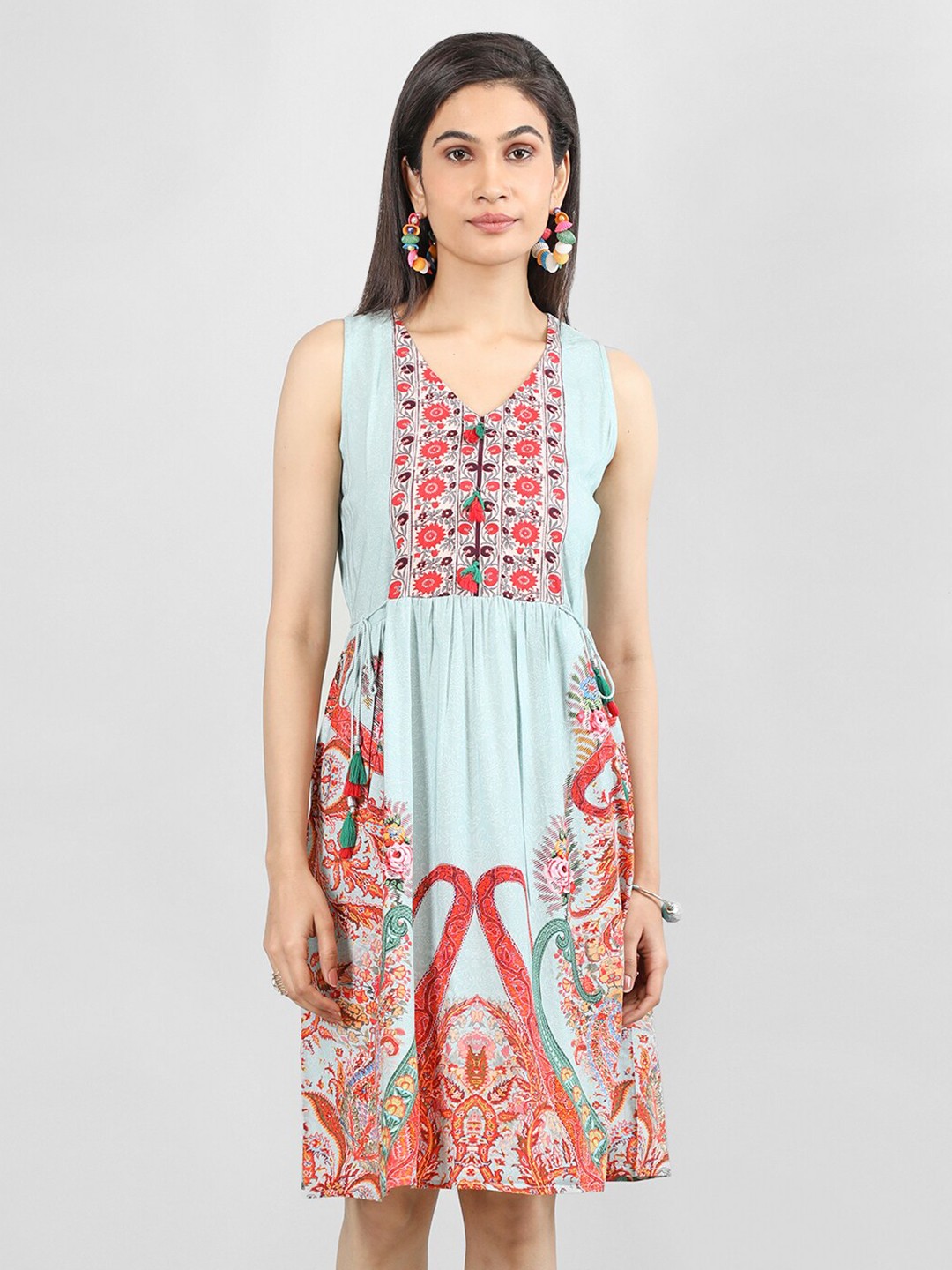 

Dlanxa Ethnic Motifs Printed Fit & Flare Ethnic Dress, Blue