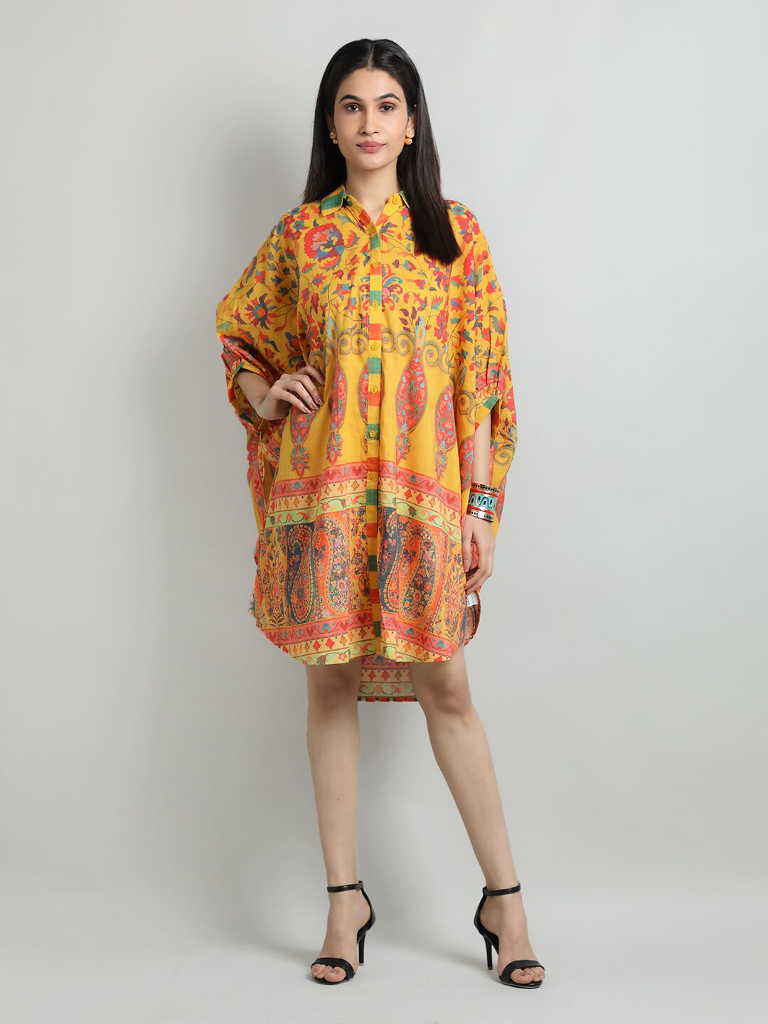 

Dlanxa Ethnic Motif Printed Batwing Sleeved Shirt Dress, Mustard