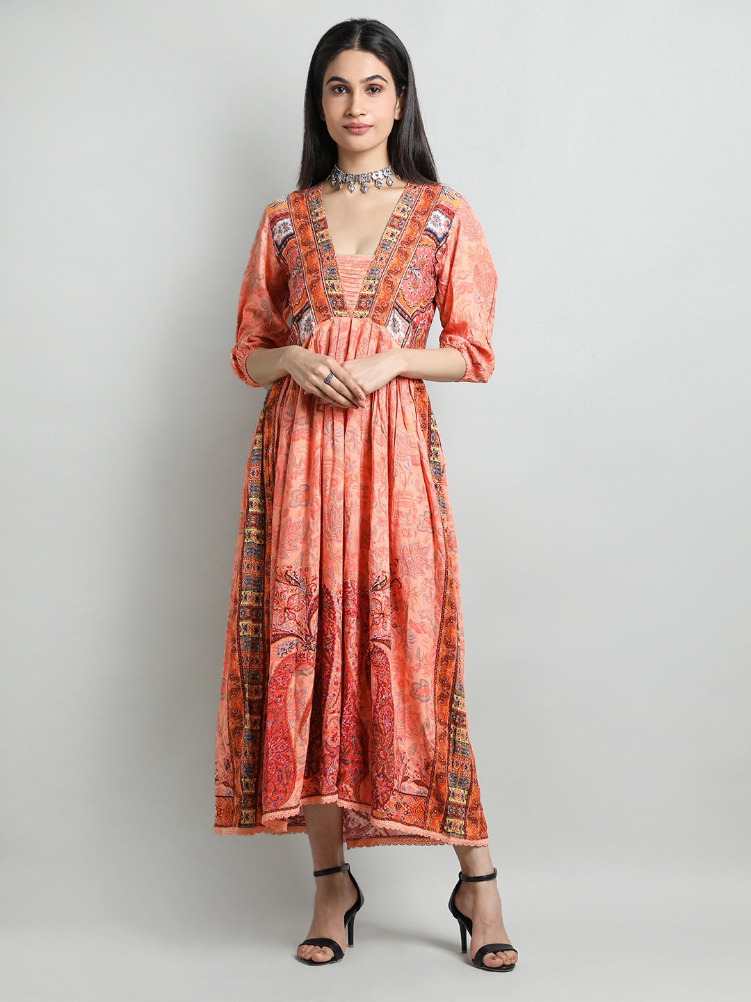 

Dlanxa Ethnic Motifs Printed V-Neck A-Line Kurta, Orange