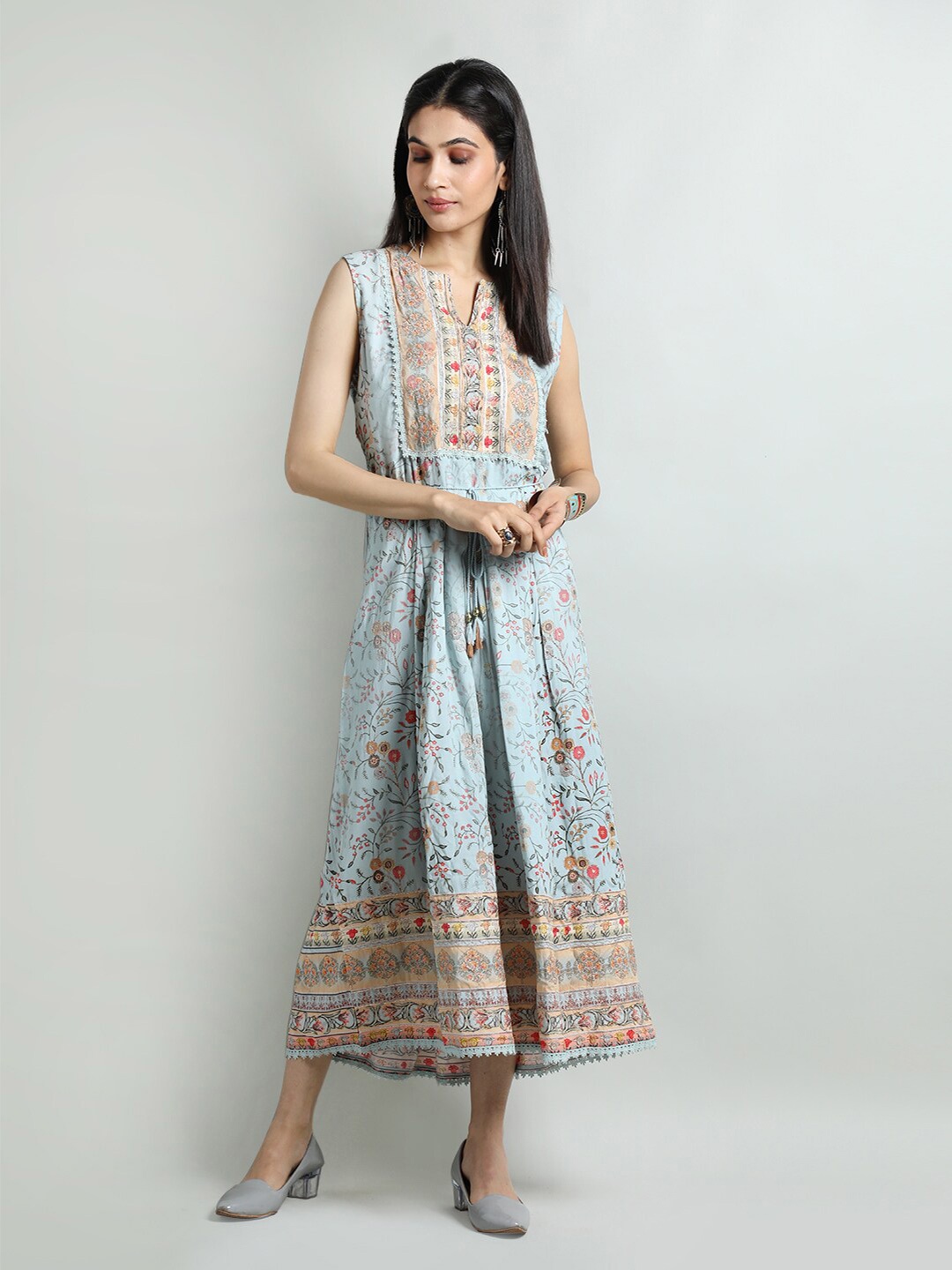 

Dlanxa Floral Printed Gathered A-Line Midi Ethnic Dress, Blue