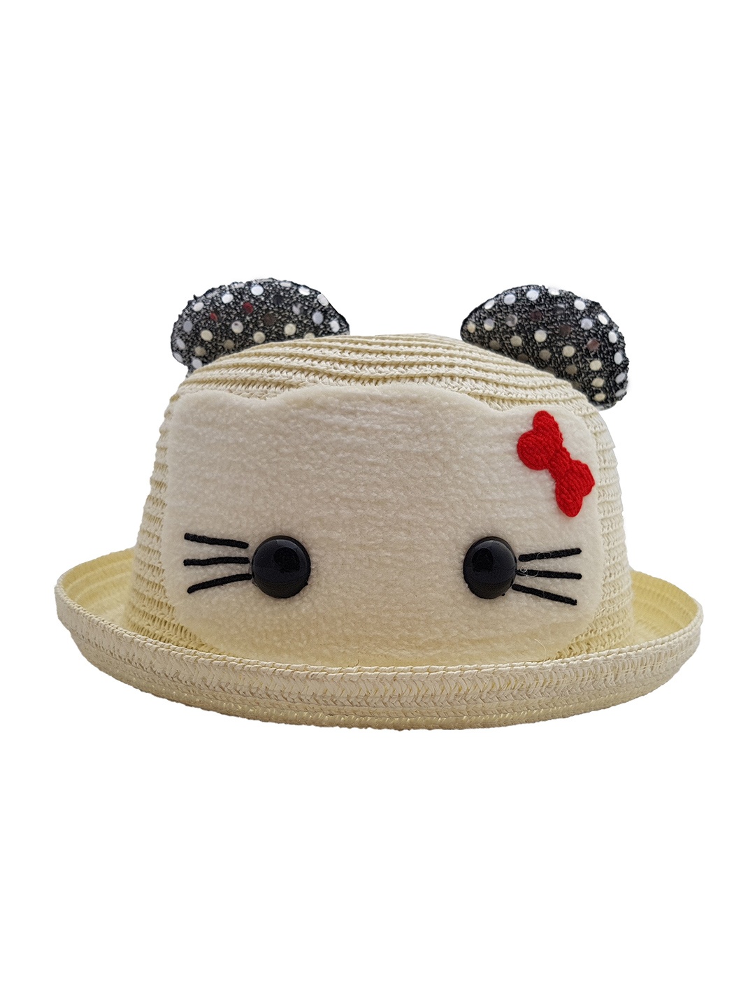 

JENNA Boys Straw Basket Weave Hello Kitty Applique Detail Bucket Hat, Off white