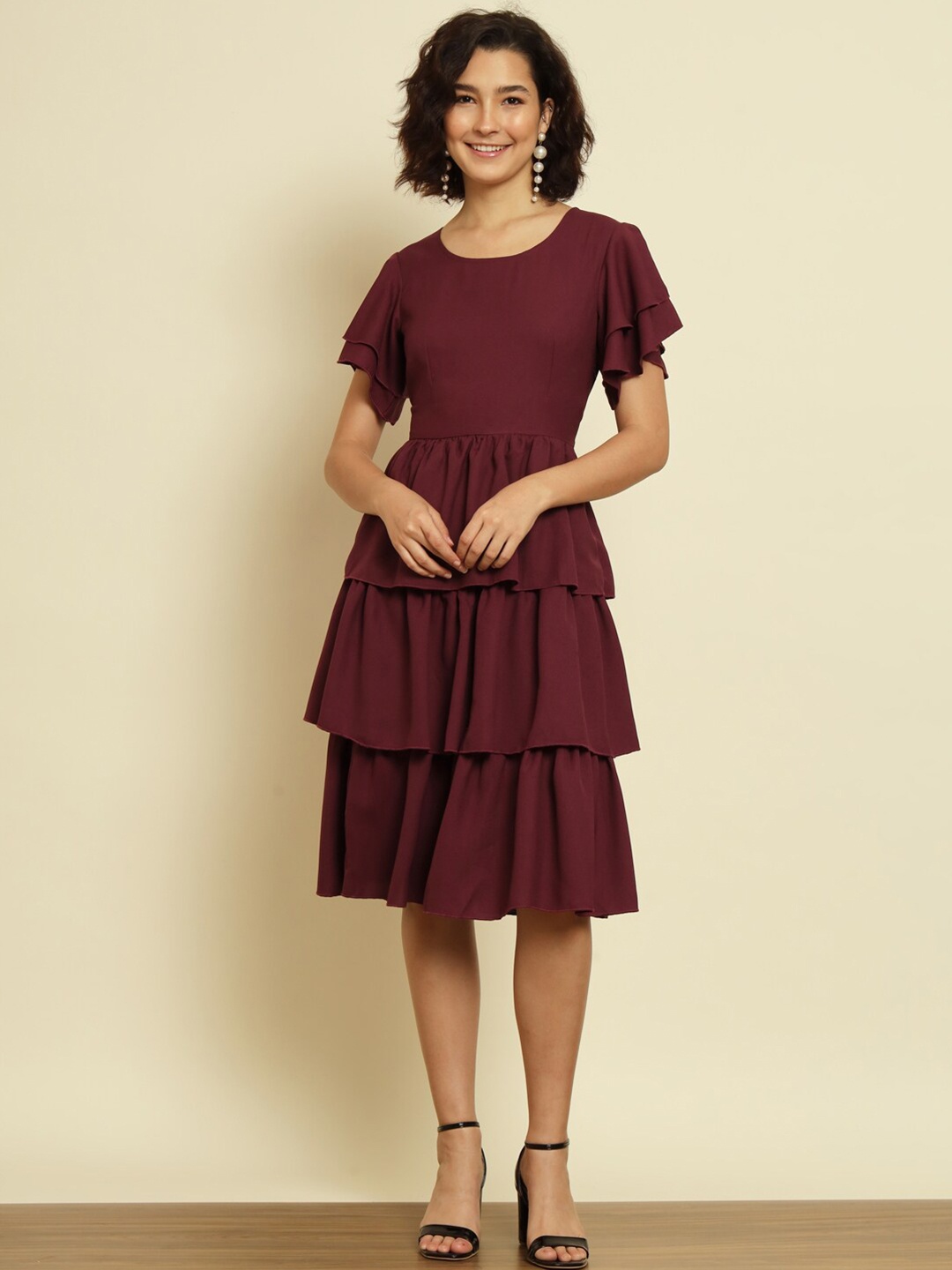 

Trend Arrest Flutter Sleeve Layered Fit & Flare Dress, Maroon