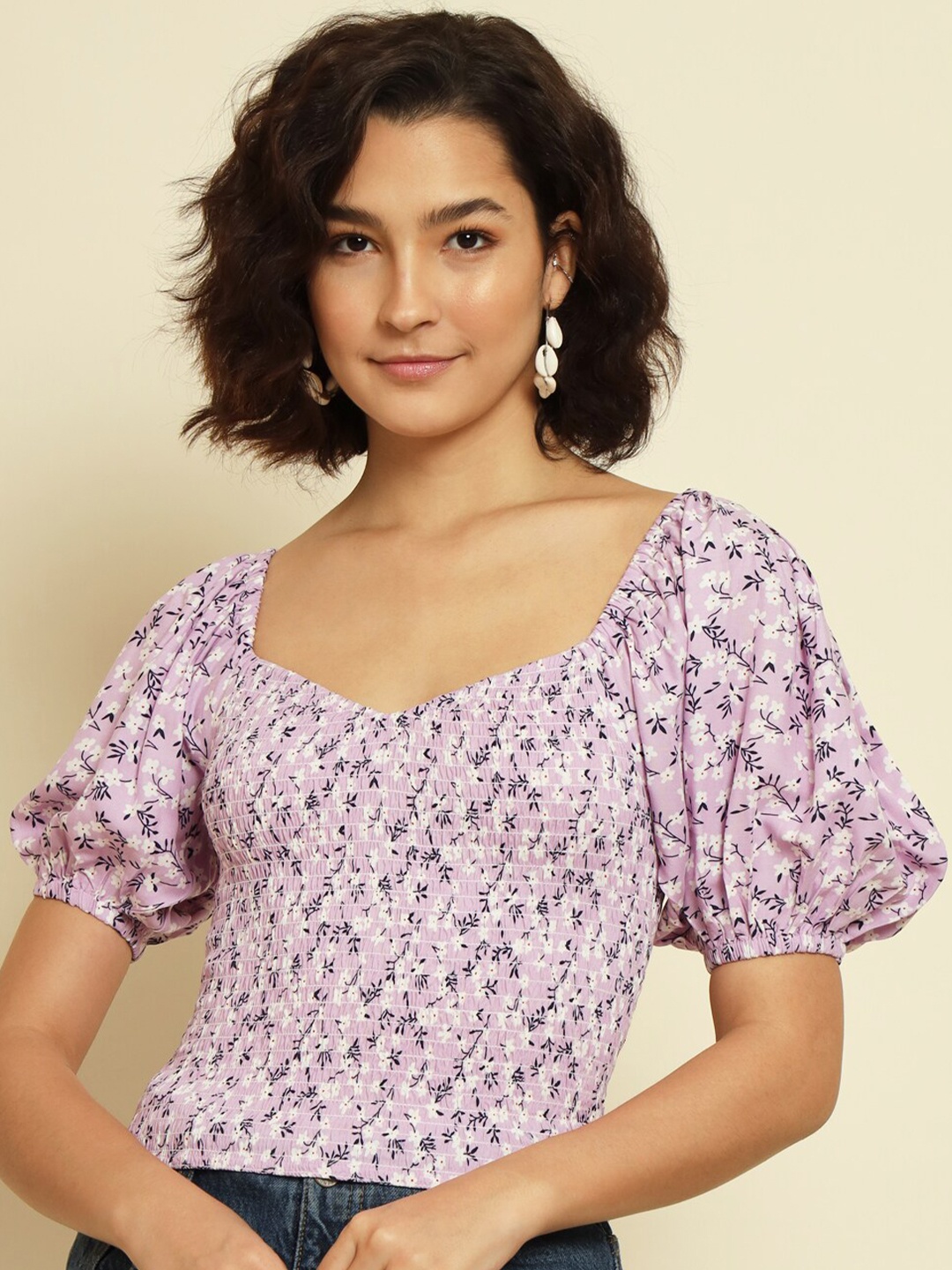 

Trend Arrest Floral Printed Puff Sleeves Regular Top, Lavender