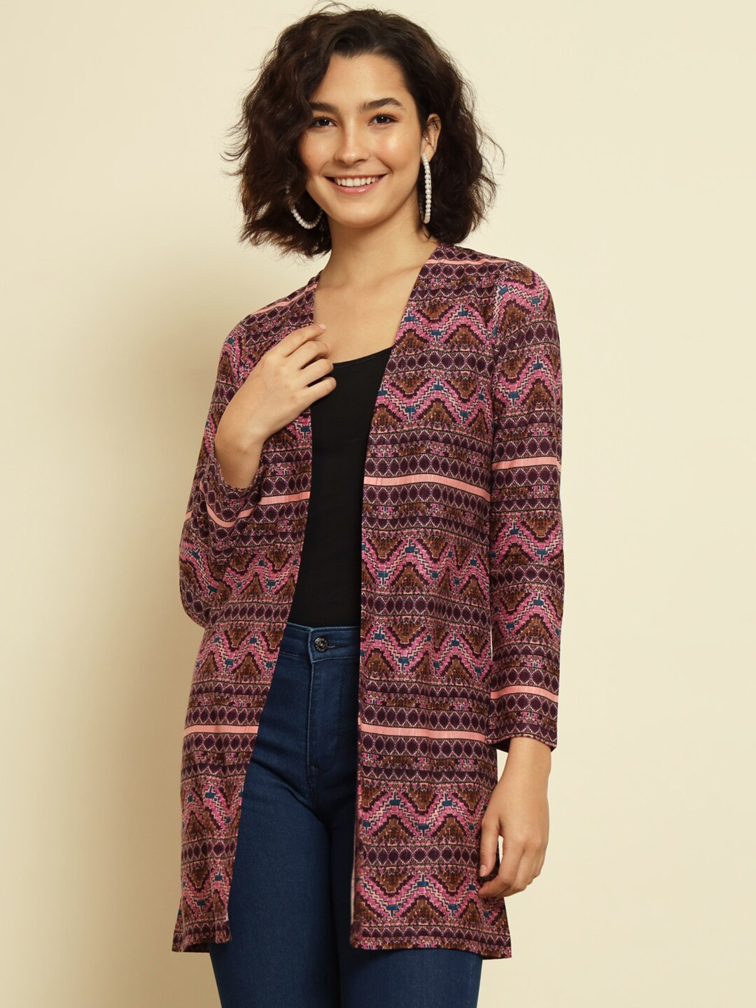 

Trend Arrest Ethnic Motifs Printed Open Front Longline Shrug, Purple