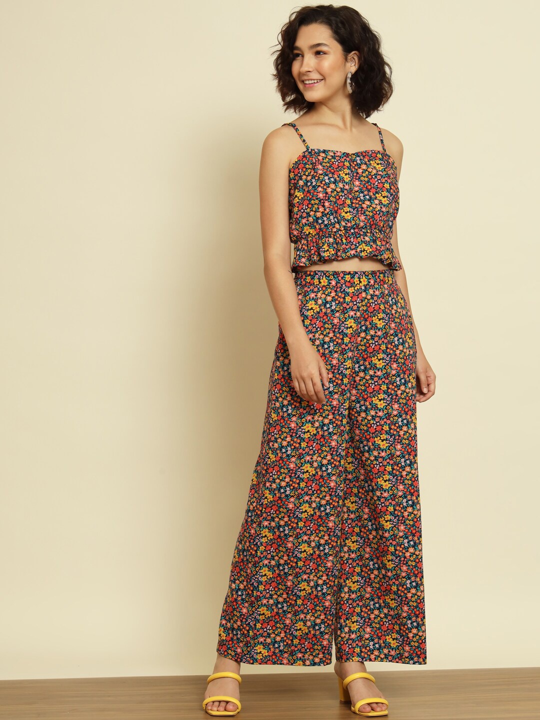 

Trend Arrest Floral Printed Shoulder Strap Top & Palazzos, Navy blue