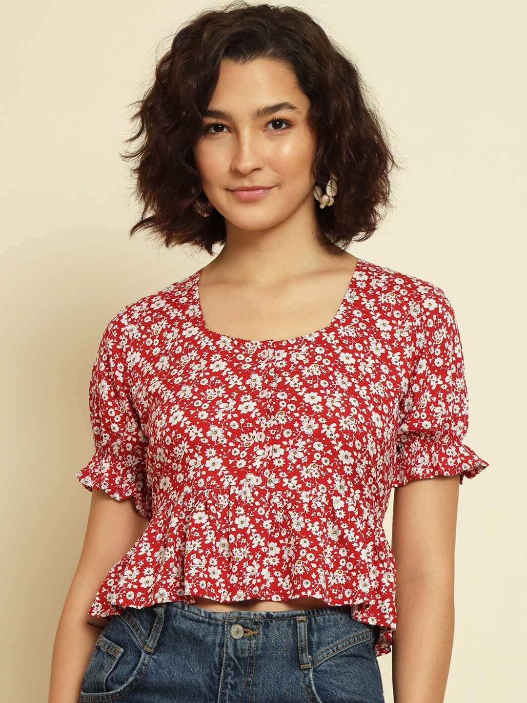

Trend Arrest Floral Printed Peplum Top, Red