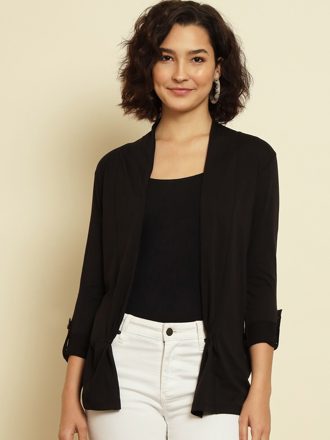 

Trend Arrest Roll-Up Sleeves Open Front Shrug, Black