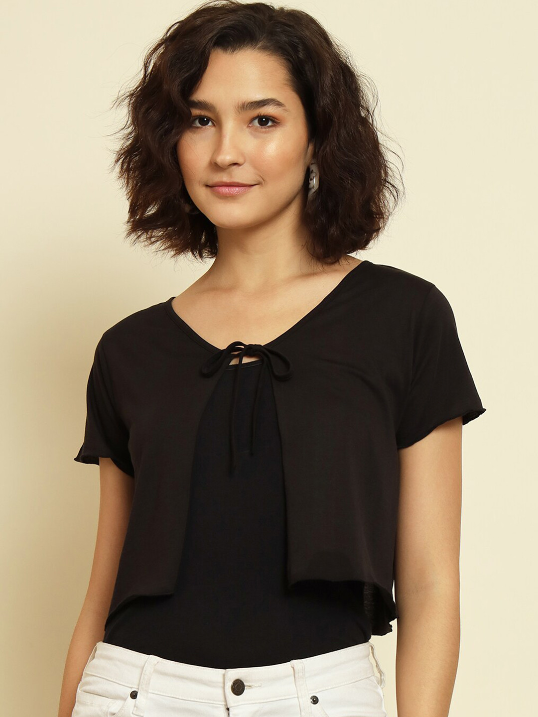 

Trend Arrest Crop Tie-Up Cotton Shrug, Coffee brown