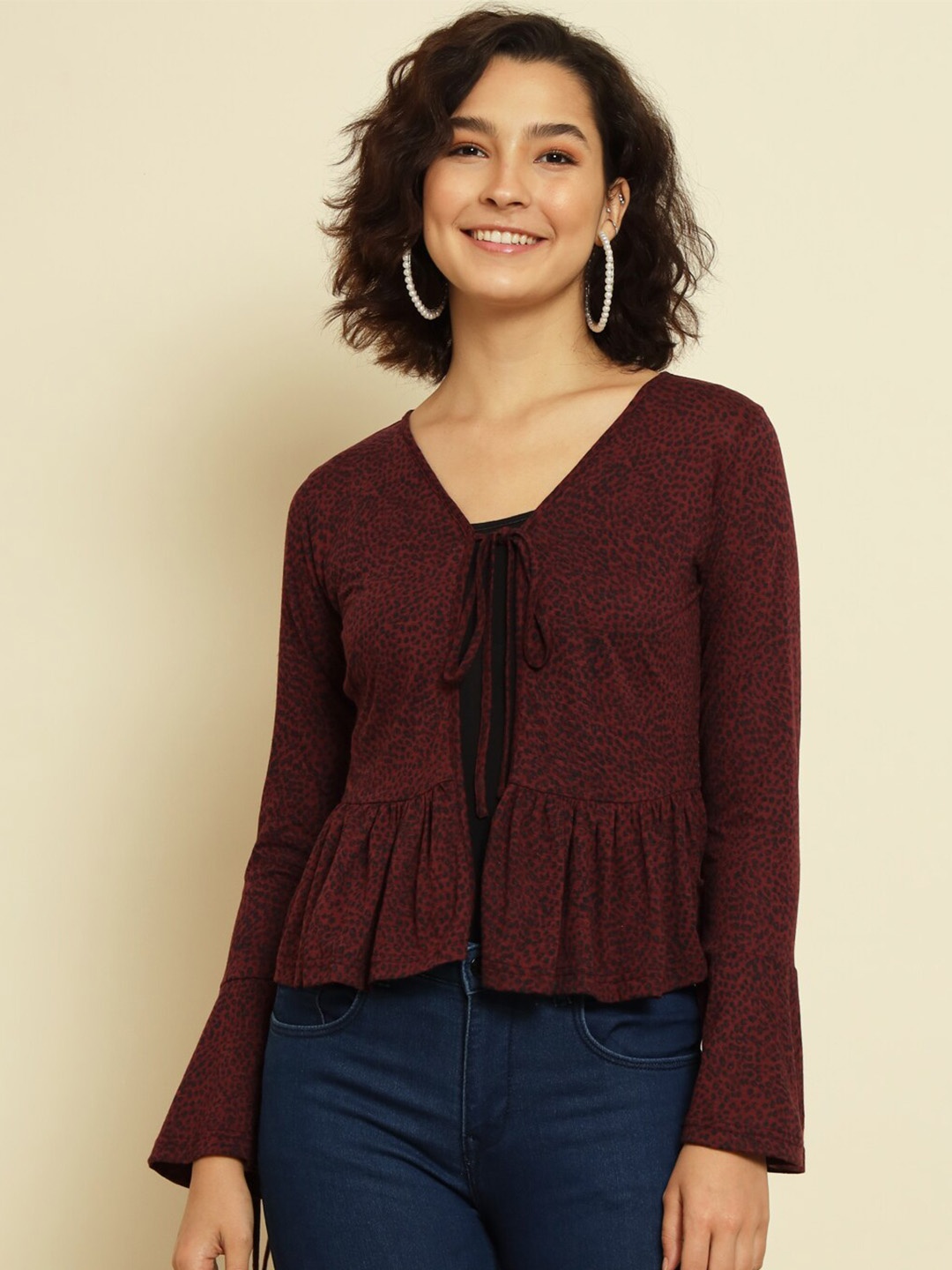 

Trend Arrest Abstract Printed Bell Sleeves Crop Tie-Up Shrug, Maroon