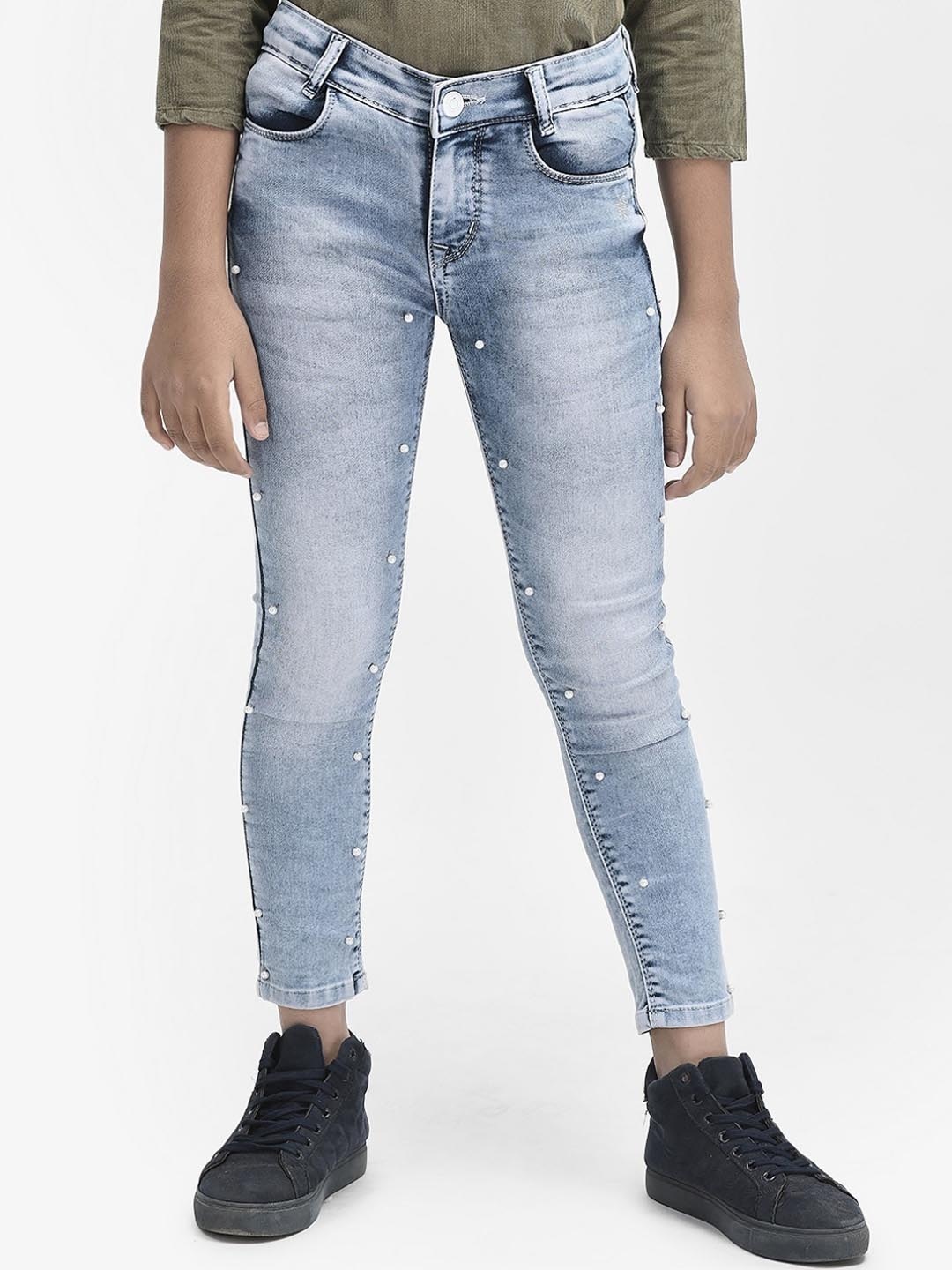 

Crimsoune Club Girls Mid-Rise Slim Fit Heavy Fade Embellished Stretchable Jeans, Blue