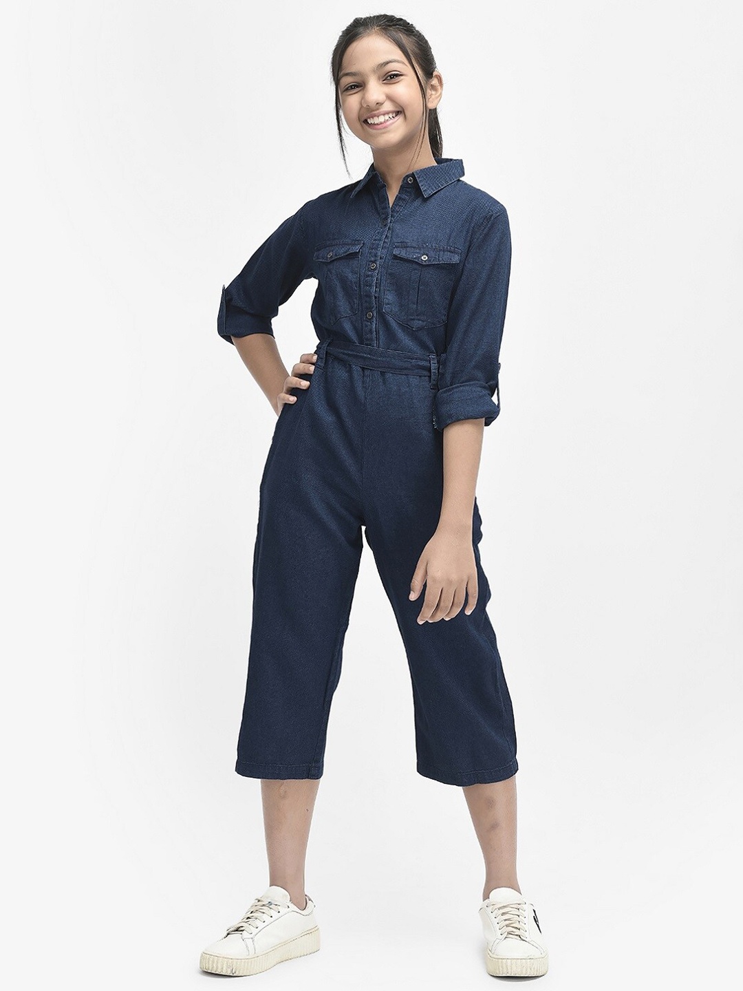 

Crimsoune Club Girls Pure Cotton Denim Capri Jumpsuit, Navy blue