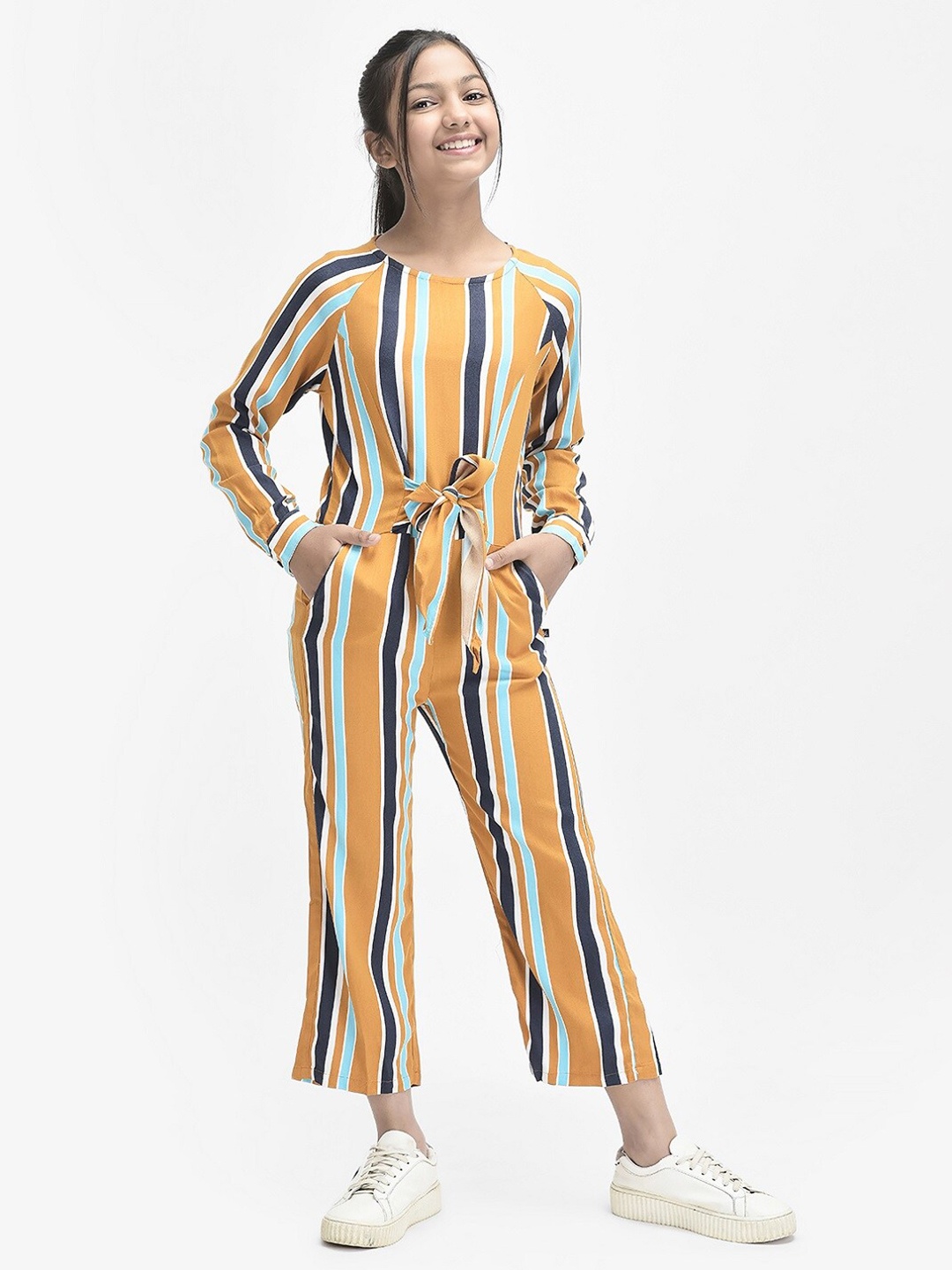 

Crimsoune Club Girls Striped Basic Jumpsuit, Mustard