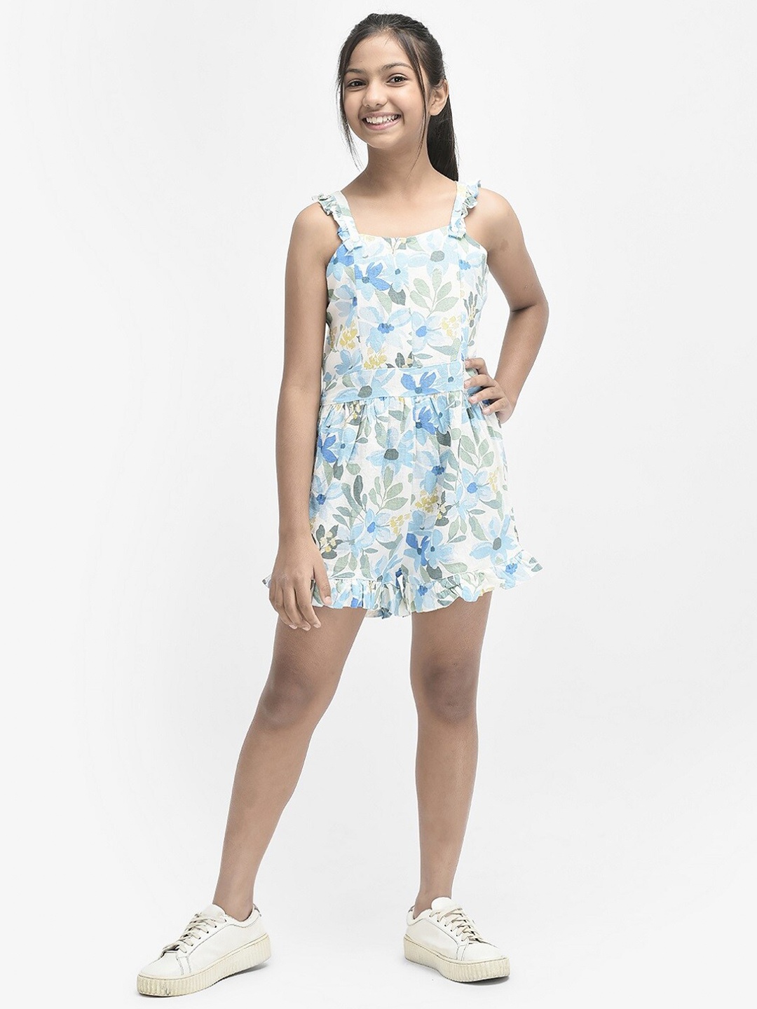 

Crimsoune Club Girls Floral Printed Ruffles Playsuit, White