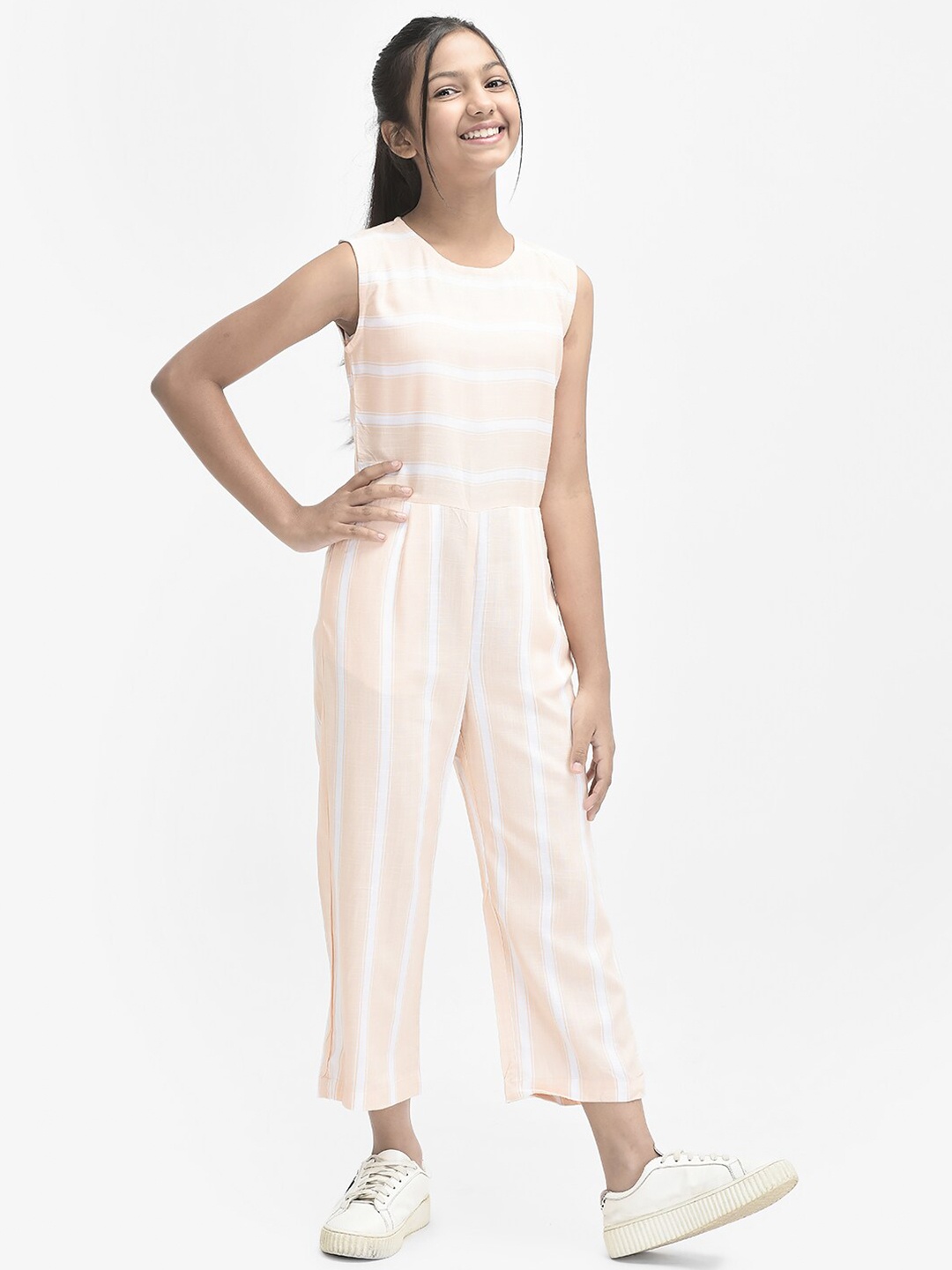 

Crimsoune Club Girls Striped Basic Jumpsuit, Peach
