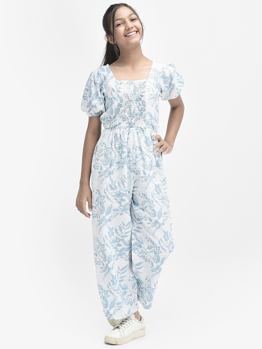 

Crimsoune Club Girls Floral Printed Basic Jumpsuit, Blue