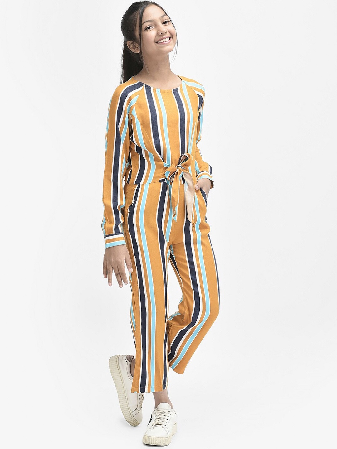 

Crimsoune Club Girls Striped Basic Jumpsuit, Mustard