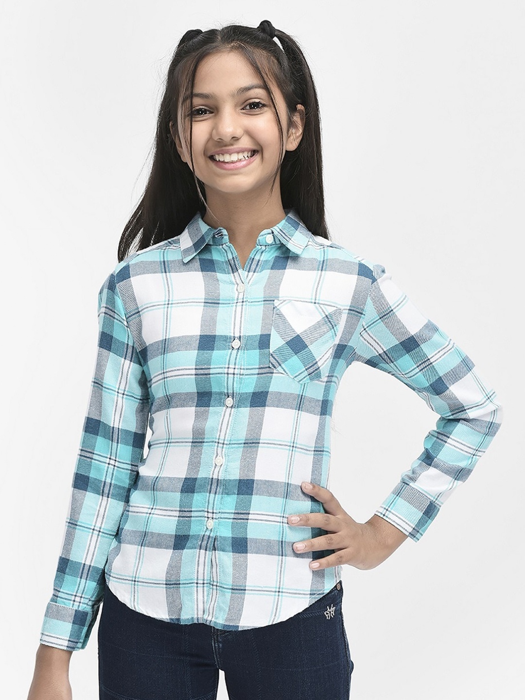 

Crimsoune Club Girls Slim Fit Tartan Checked Casual Shirt, Turquoise blue