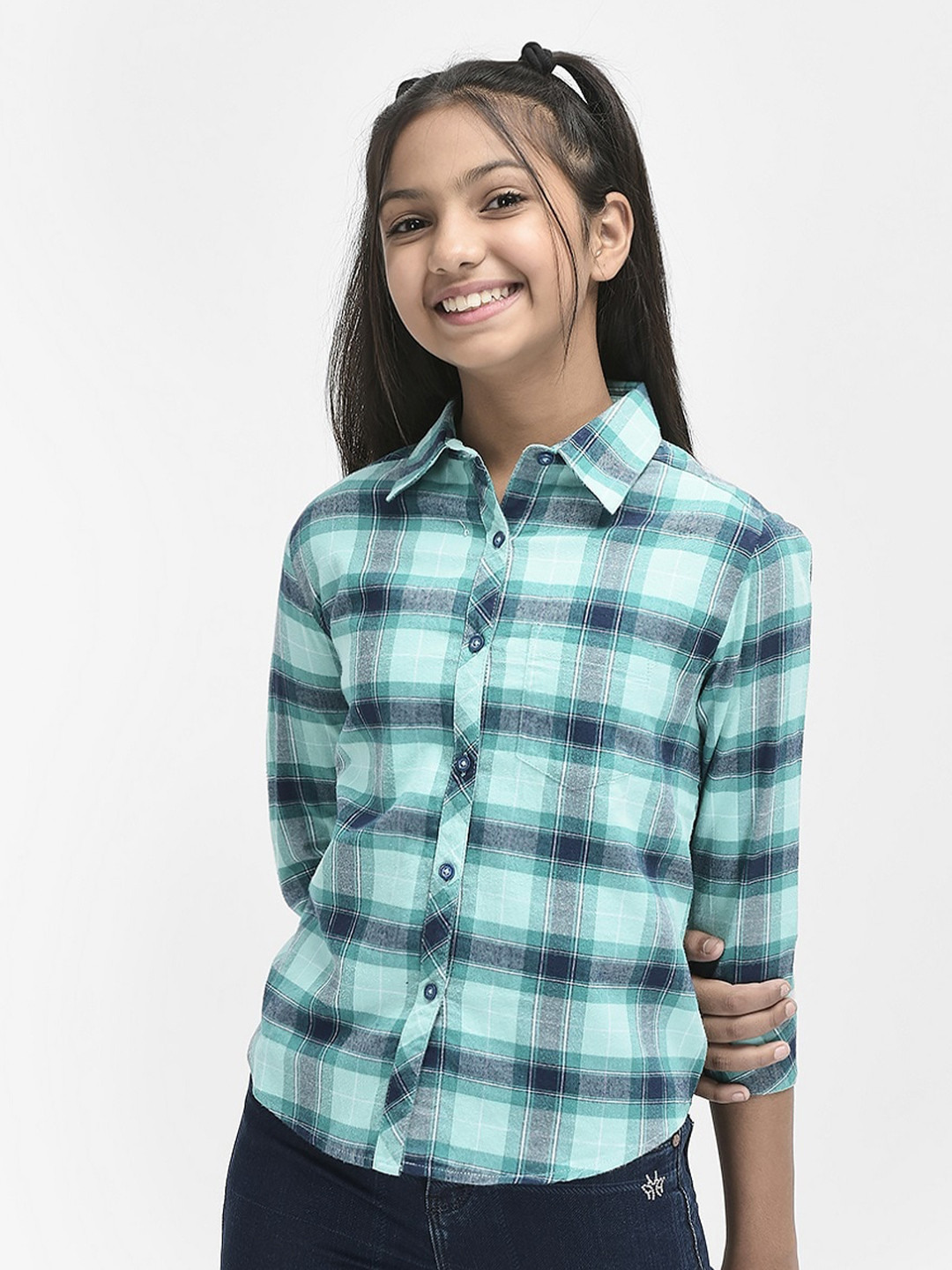 

Crimsoune Club Girls Slim Fit Tartan Checked Pure Cotton Casual Shirt, Blue