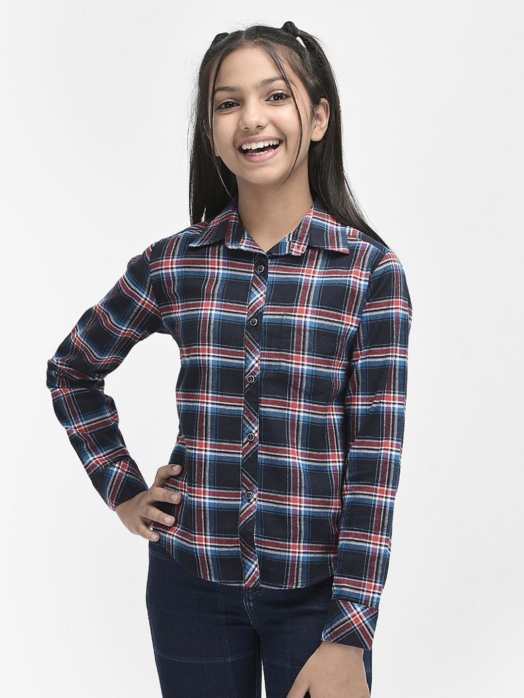 

Crimsoune Club Girls Slim Fit Tartan Checked Pure Cotton Casual Shirt, Navy blue