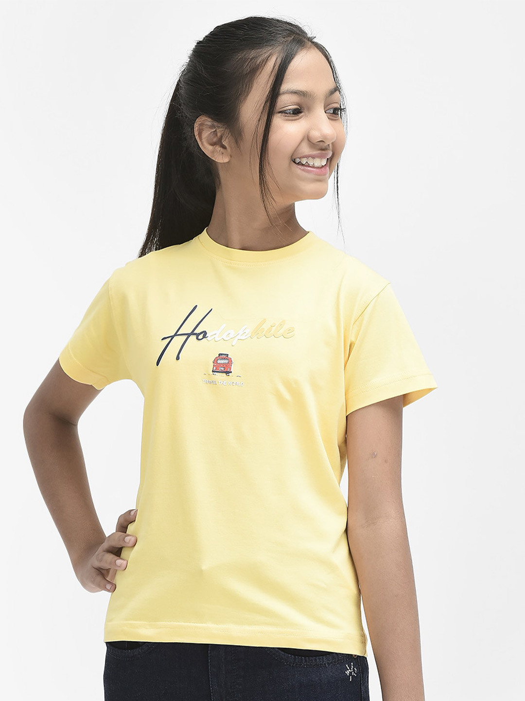 

Crimsoune Club Girls Typography Printed Cotton T-Shirt, Yellow